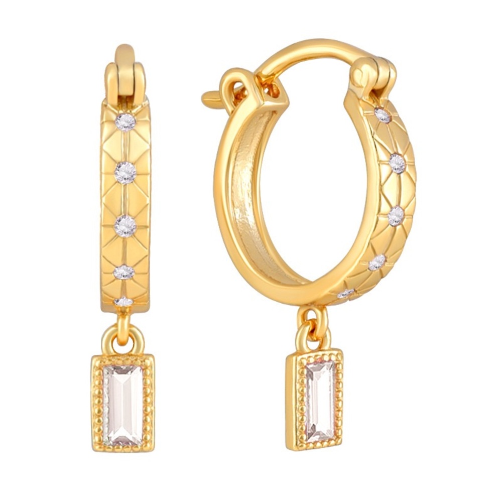 Gold hoop earrings with baguette drop - Picture 4 of 4